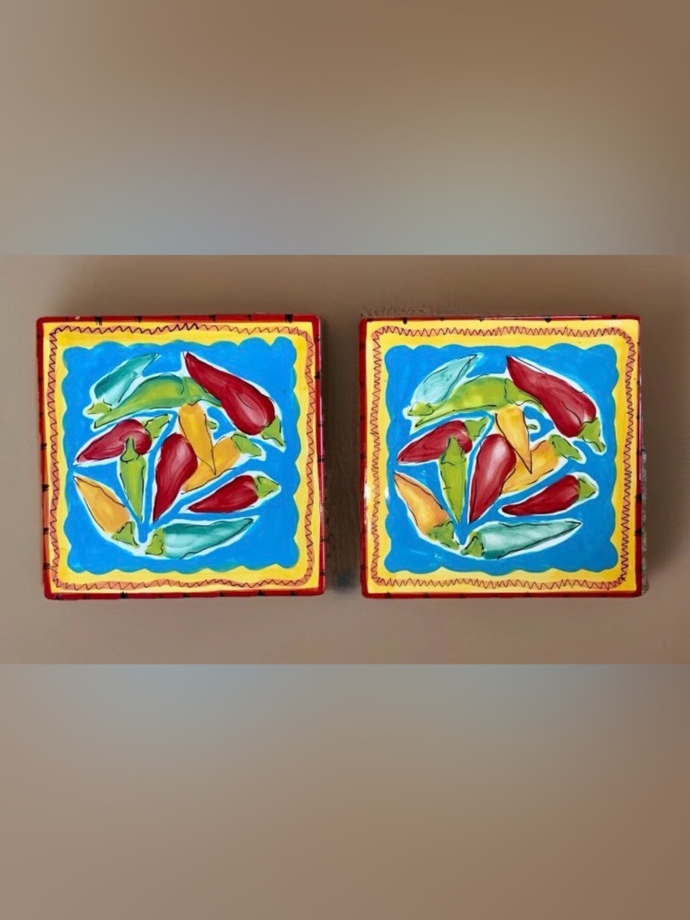 2pc Hand Painted CHILI PEPPERS Hausenware Tiles, Trivets, Wall Decor (8”x 8”)